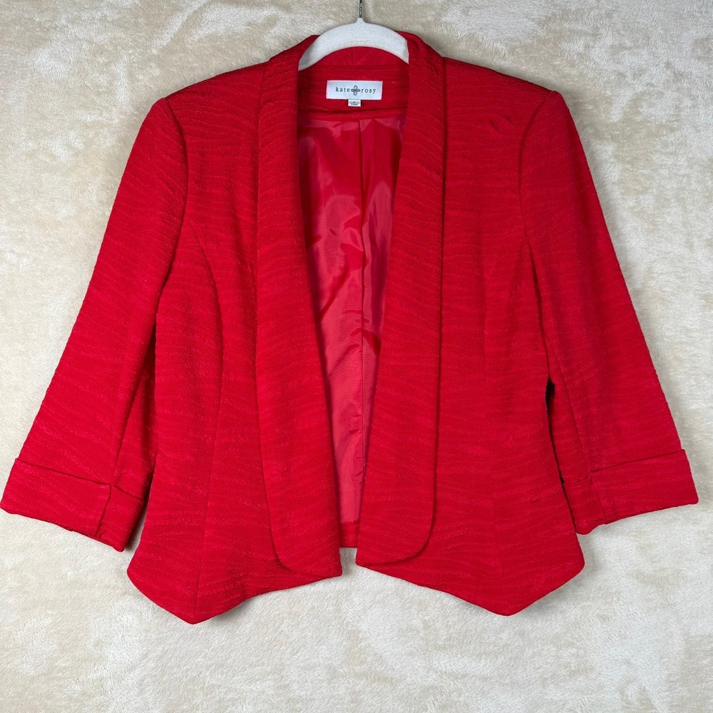 Kate & Rosy Womens Size S Red Textured Open Front Blazer 3/4 Sleeve Chic Bold